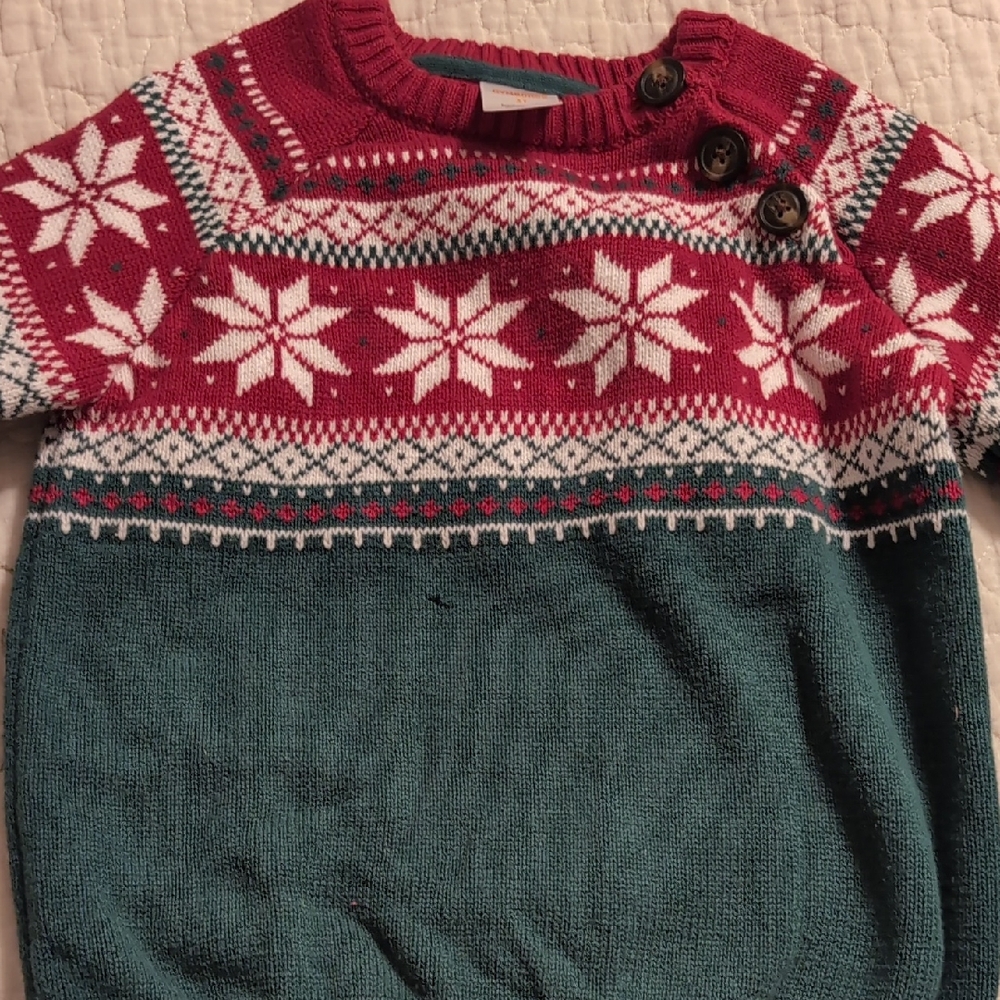 Red and Green Snowflake Sweater with Buttons